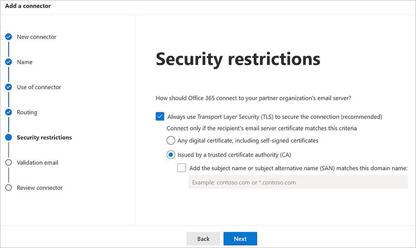Screenshot of the Microsoft 365 configuration Security restrictions page